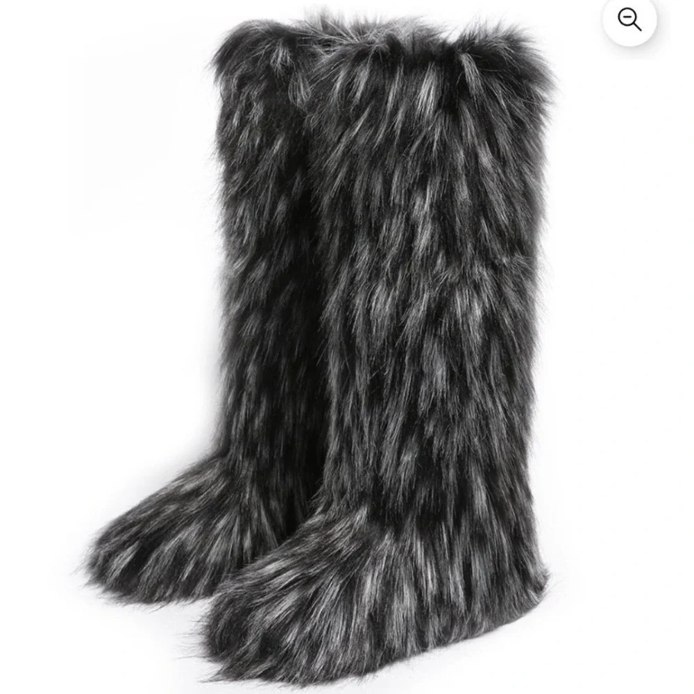 Faux Fur Shaggy Salt Pepper Grey Festival Knee High Yeti Mukluk Boots Size 8 NEW